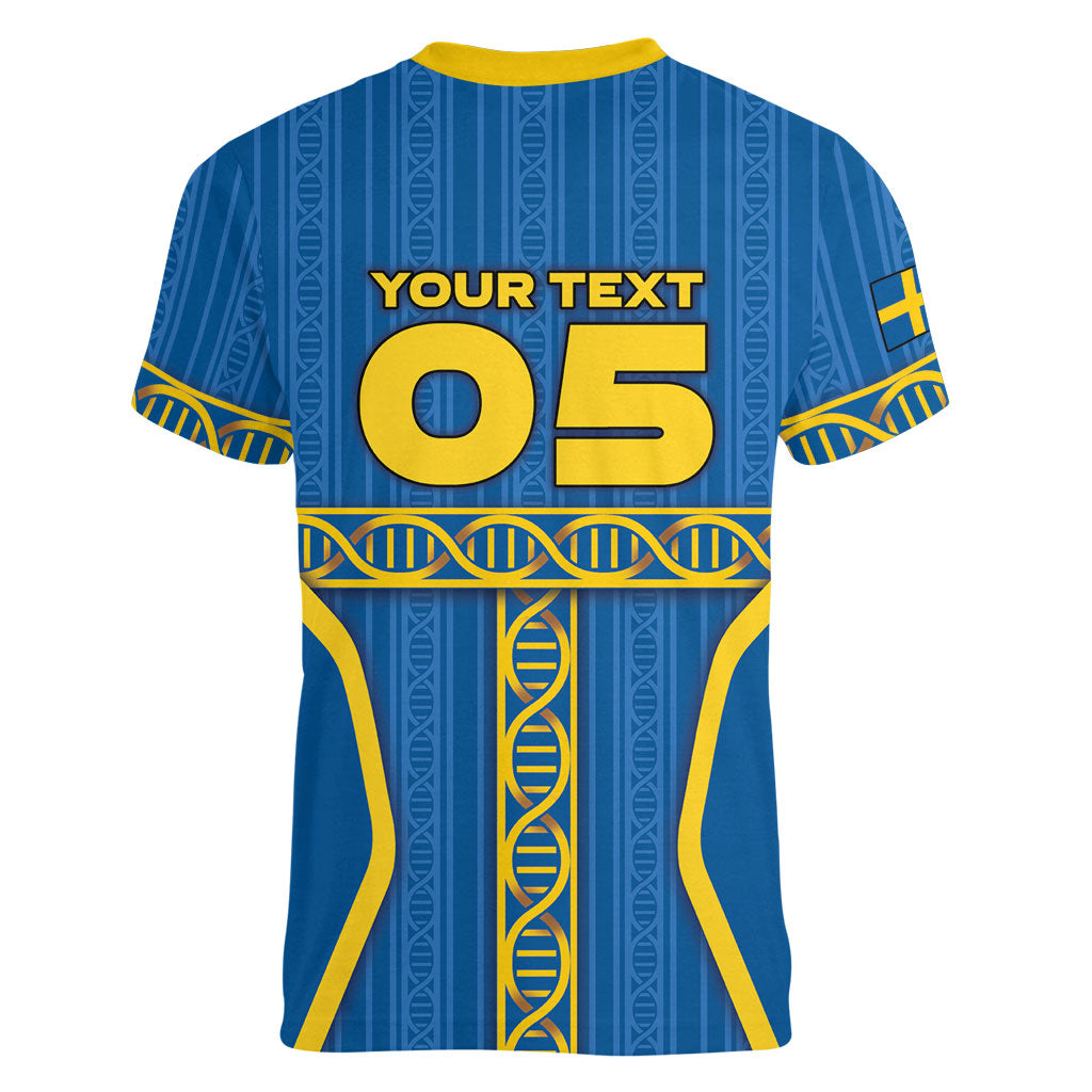 Custom Sweden Football Women V-Neck T-Shirt Three Crowns Golden DNA Trophy