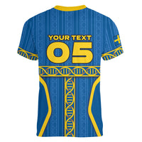 Custom Sweden Football Women V-Neck T-Shirt Three Crowns Golden DNA Trophy