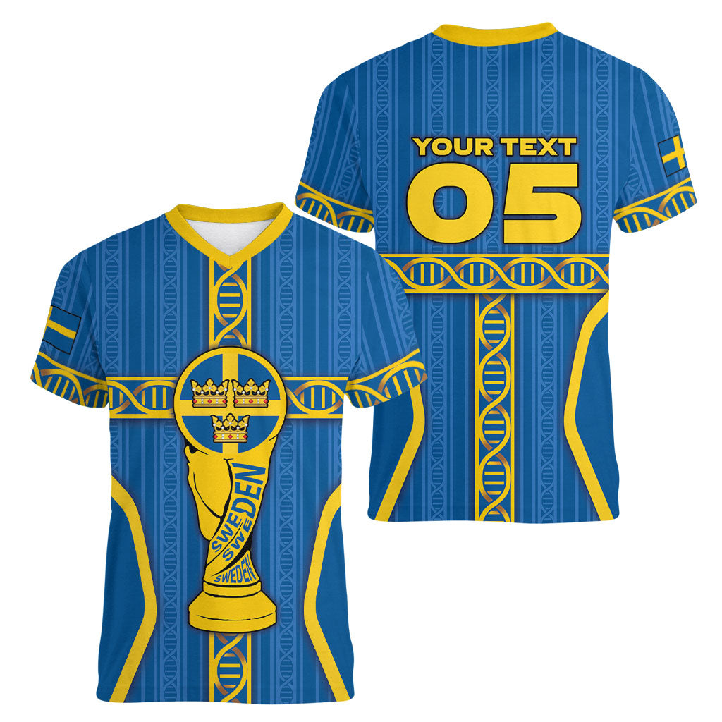 Custom Sweden Football Women V-Neck T-Shirt Three Crowns Golden DNA Trophy