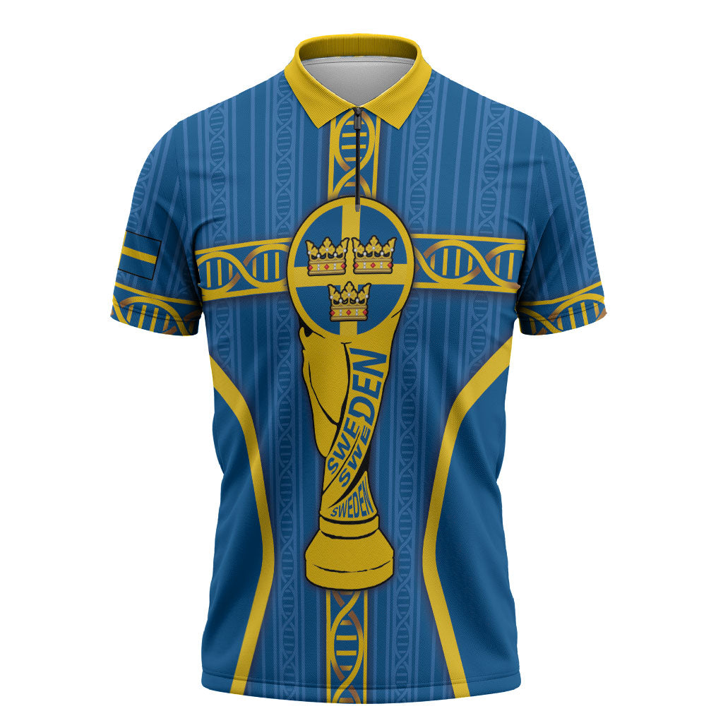 Custom Sweden Football Zipper Polo Shirt Three Crowns Golden DNA Trophy