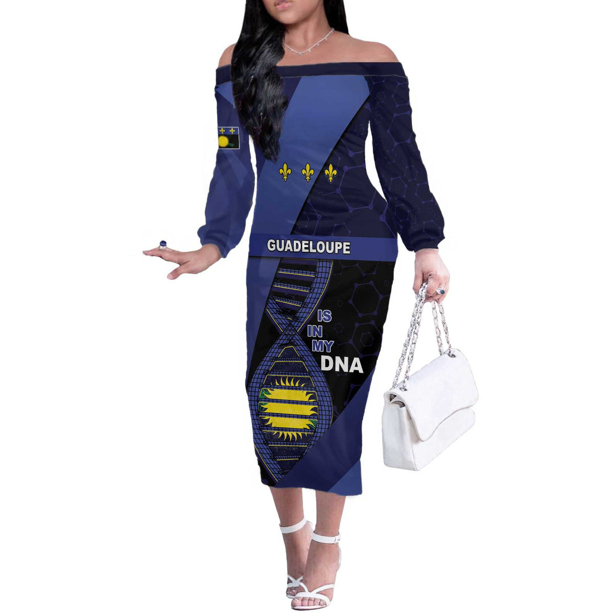 Guadeloupe Is In My DNA Off The Shoulder Long Sleeve Dress - Wonder Print Shop