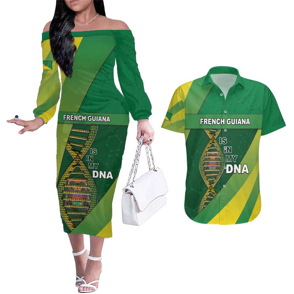 French Guiana Is In My DNA Couples Matching Off The Shoulder Long Sleeve Dress and Hawaiian Shirt - Wonder Print Shop