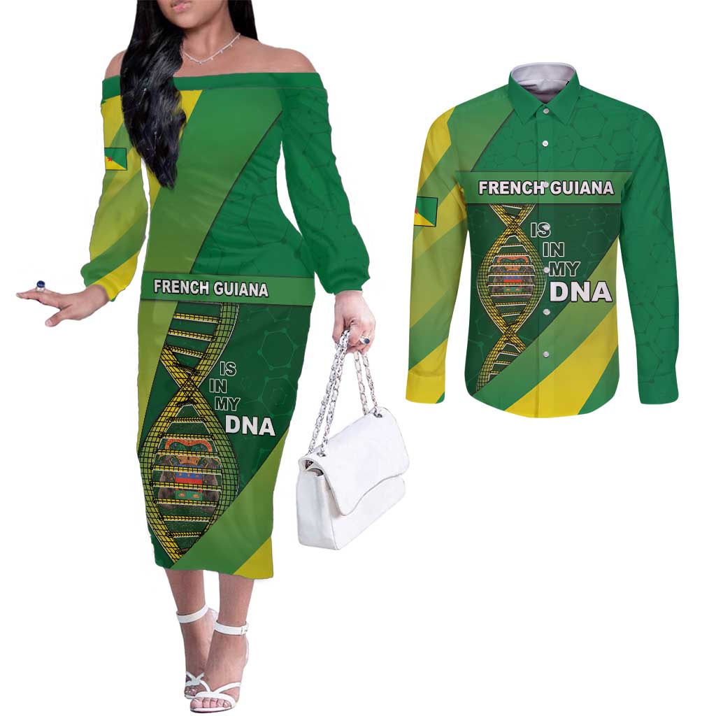 French Guiana Is In My DNA Couples Matching Off The Shoulder Long Sleeve Dress and Long Sleeve Button Shirt - Wonder Print Shop