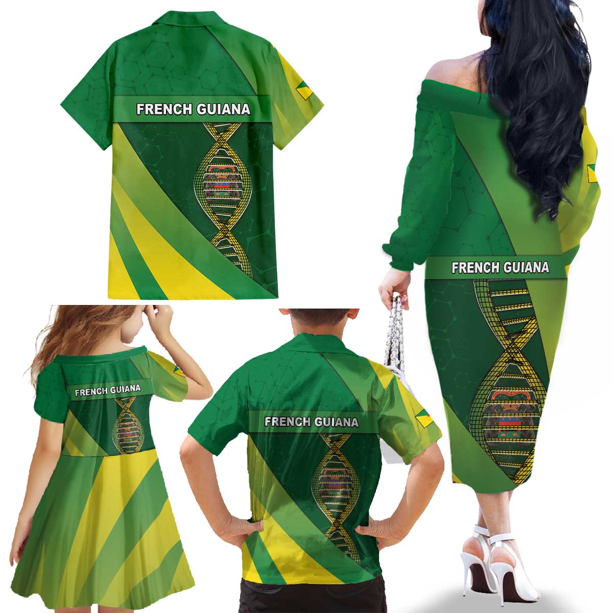 French Guiana Is In My DNA Family Matching Off The Shoulder Long Sleeve Dress and Hawaiian Shirt - Wonder Print Shop