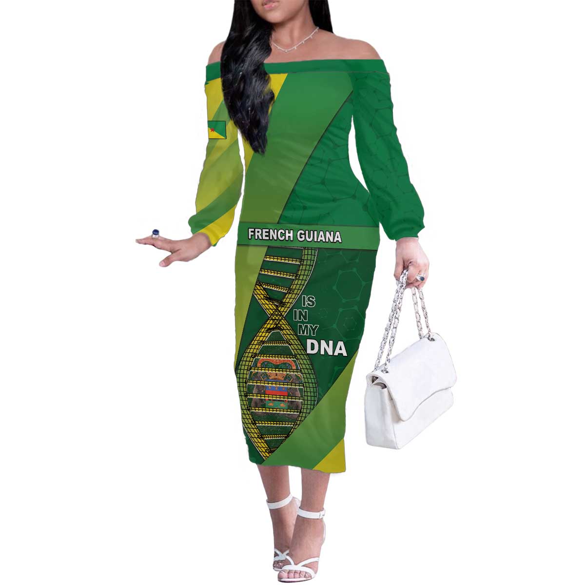 French Guiana Is In My DNA Family Matching Off The Shoulder Long Sleeve Dress and Hawaiian Shirt - Wonder Print Shop