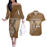Saint Martin Is In My DNA Couples Matching Off The Shoulder Long Sleeve Dress and Hawaiian Shirt - Wonder Print Shop