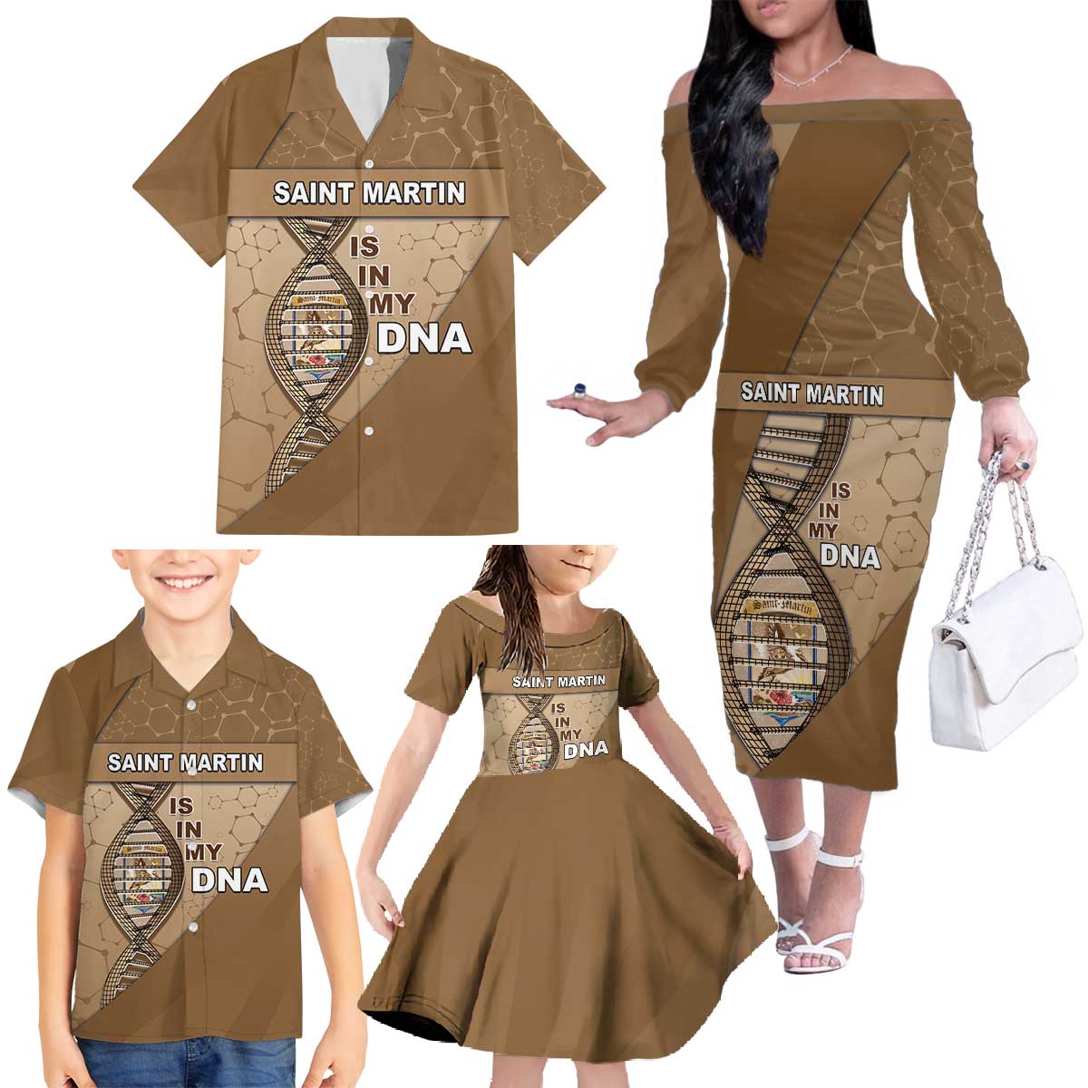 Saint Martin Is In My DNA Family Matching Off The Shoulder Long Sleeve Dress and Hawaiian Shirt - Wonder Print Shop