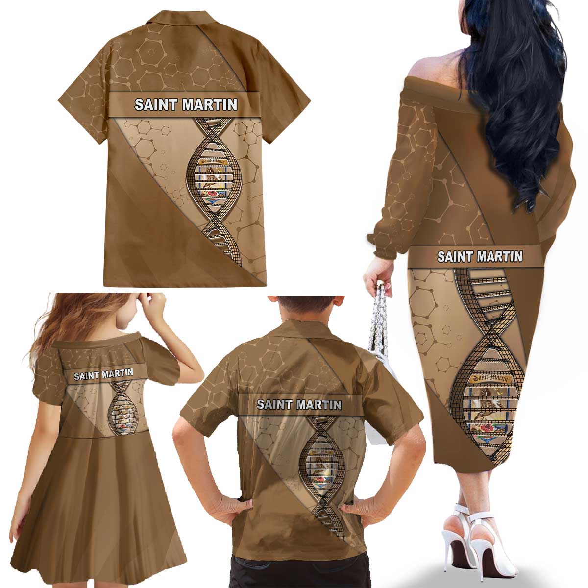 Saint Martin Is In My DNA Family Matching Off The Shoulder Long Sleeve Dress and Hawaiian Shirt - Wonder Print Shop
