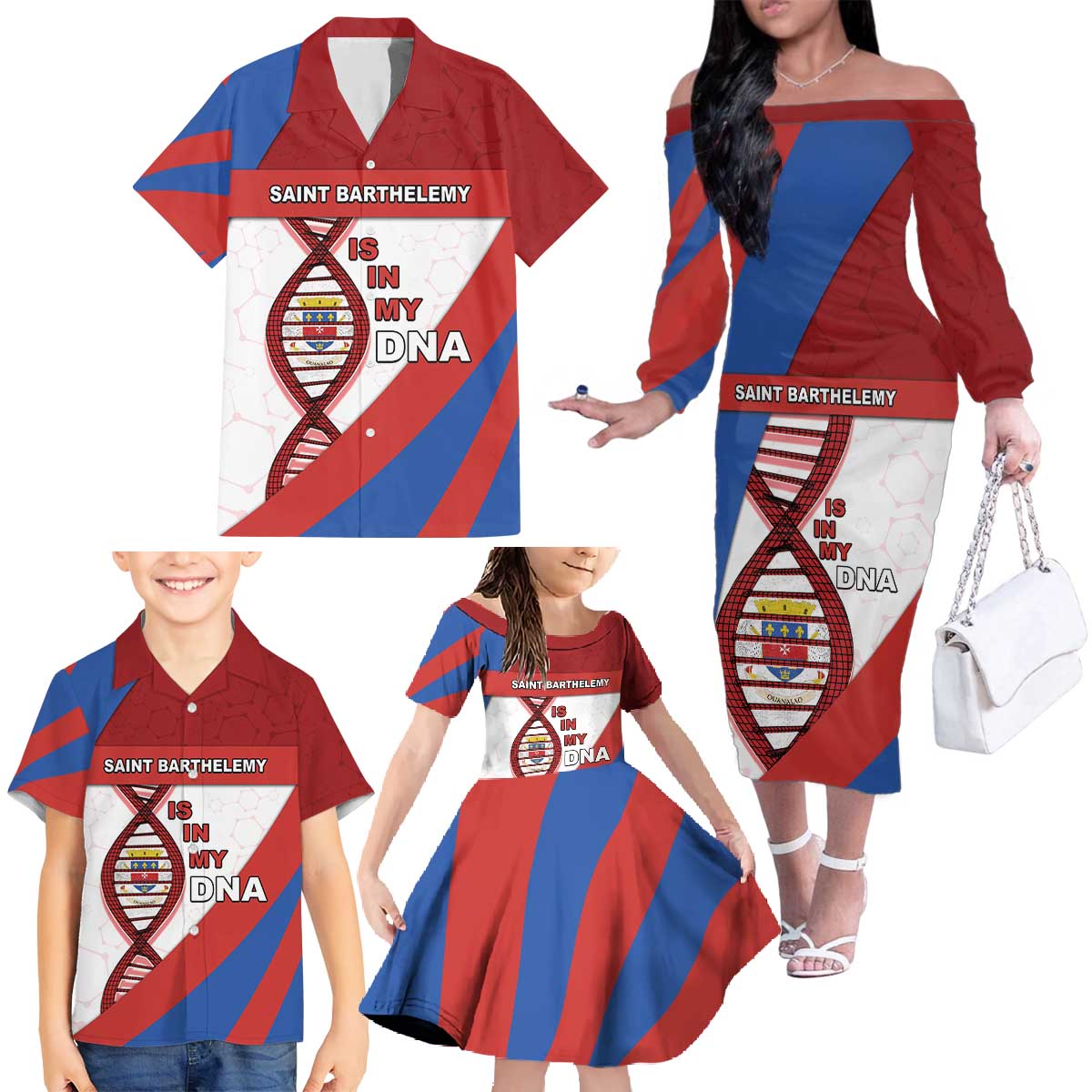 Saint Barthelemy Is In My DNA Family Matching Off The Shoulder Long Sleeve Dress and Hawaiian Shirt - Wonder Print Shop
