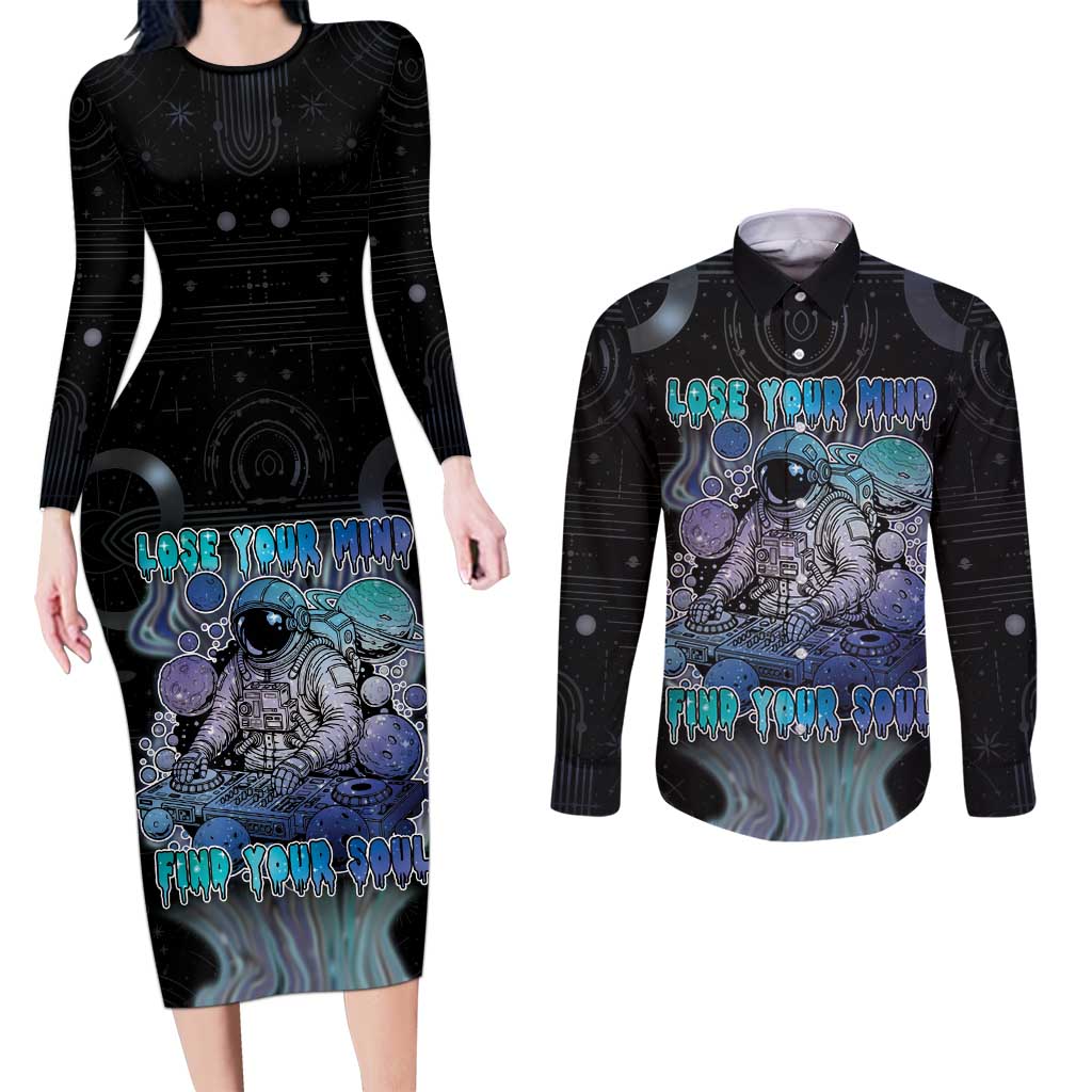 Astronaut Couples Matching Long Sleeve Bodycon Dress and Long Sleeve Button Shirt Love Your Mind Find Your Soul - Wonder Print Shop