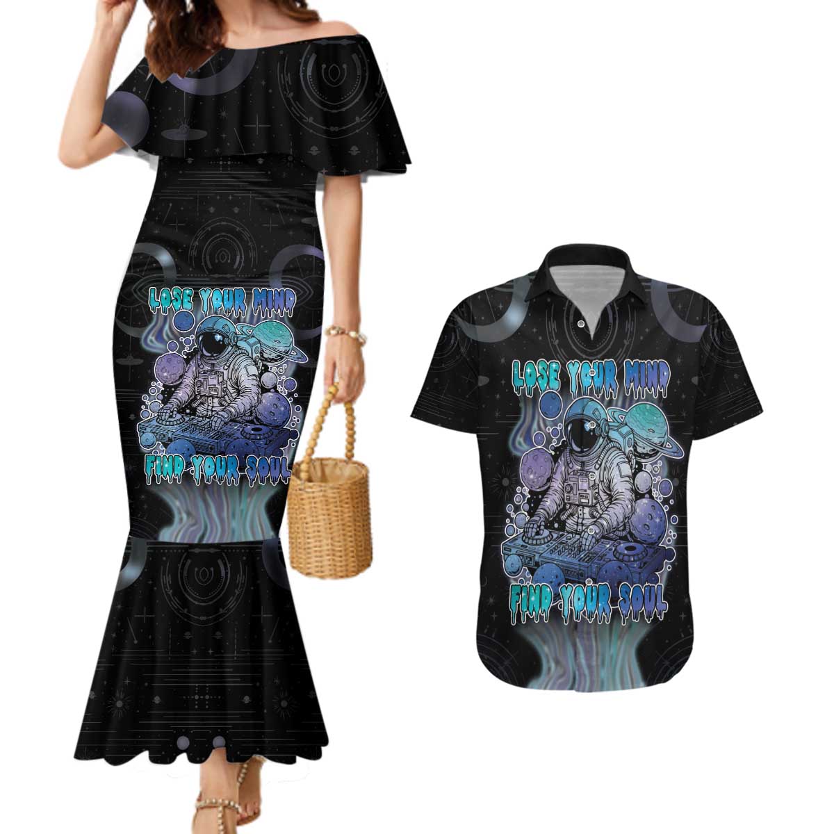 Astronaut Couples Matching Mermaid Dress and Hawaiian Shirt Love Your Mind Find Your Soul - Wonder Print Shop