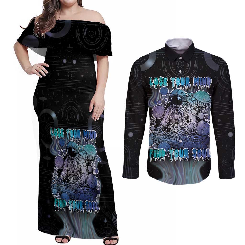 Astronaut Couples Matching Off Shoulder Maxi Dress and Long Sleeve Button Shirt Love Your Mind Find Your Soul - Wonder Print Shop
