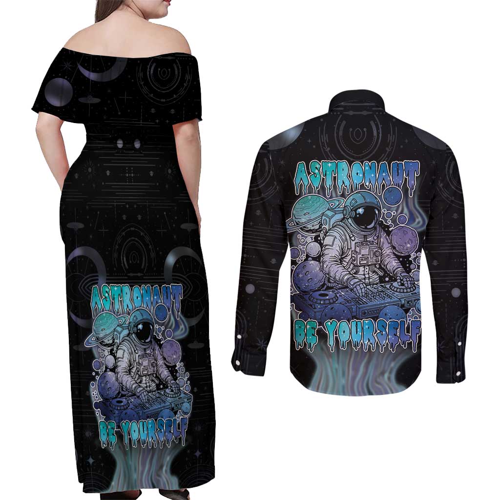 Astronaut Couples Matching Off Shoulder Maxi Dress and Long Sleeve Button Shirt Love Your Mind Find Your Soul - Wonder Print Shop
