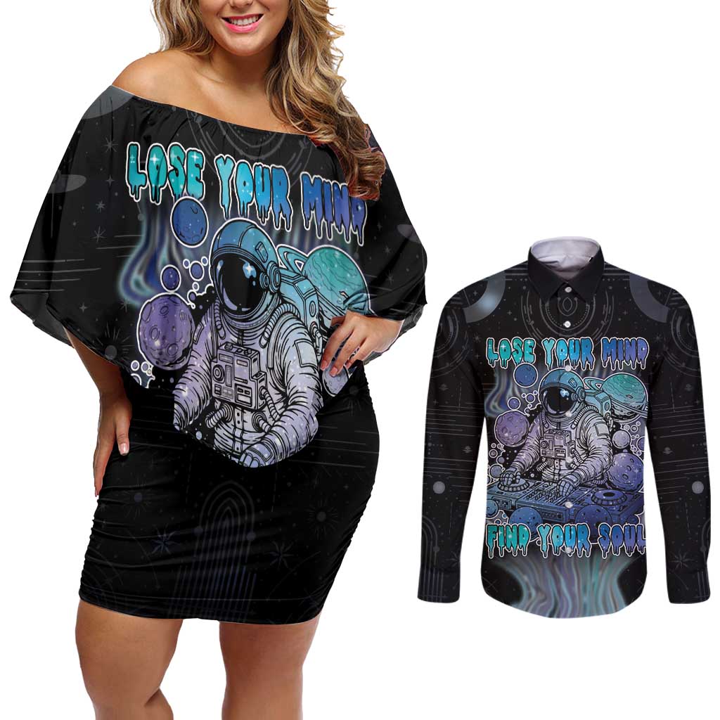 Astronaut Couples Matching Off Shoulder Short Dress and Long Sleeve Button Shirt Love Your Mind Find Your Soul - Wonder Print Shop