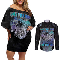 Astronaut Couples Matching Off Shoulder Short Dress and Long Sleeve Button Shirt Love Your Mind Find Your Soul - Wonder Print Shop