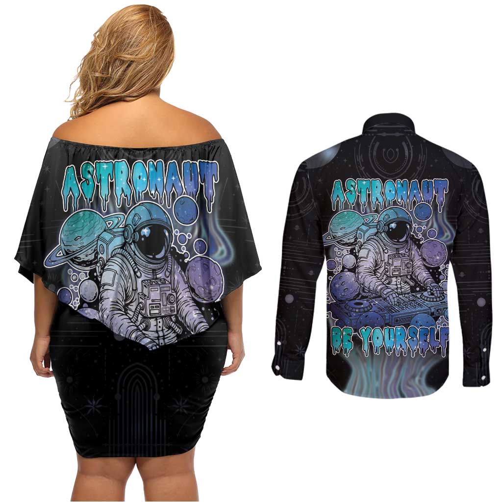 Astronaut Couples Matching Off Shoulder Short Dress and Long Sleeve Button Shirt Love Your Mind Find Your Soul - Wonder Print Shop