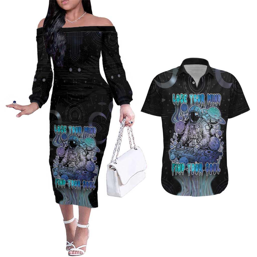 Astronaut Couples Matching Off The Shoulder Long Sleeve Dress and Hawaiian Shirt Love Your Mind Find Your Soul - Wonder Print Shop