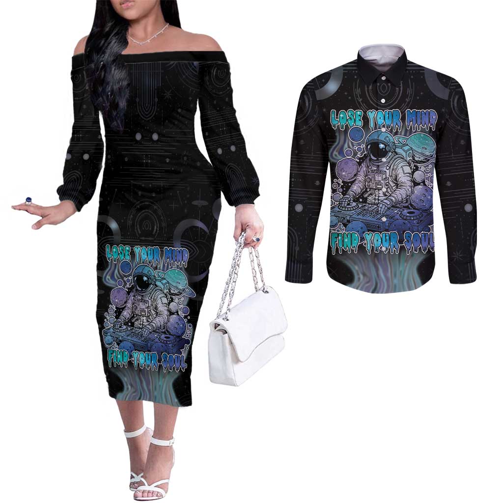 Astronaut Couples Matching Off The Shoulder Long Sleeve Dress and Long Sleeve Button Shirt Love Your Mind Find Your Soul - Wonder Print Shop