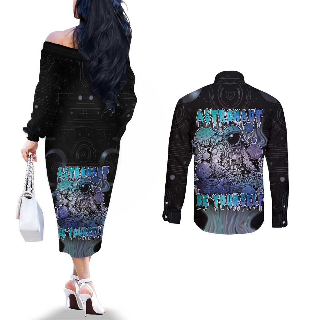 Astronaut Couples Matching Off The Shoulder Long Sleeve Dress and Long Sleeve Button Shirt Love Your Mind Find Your Soul - Wonder Print Shop