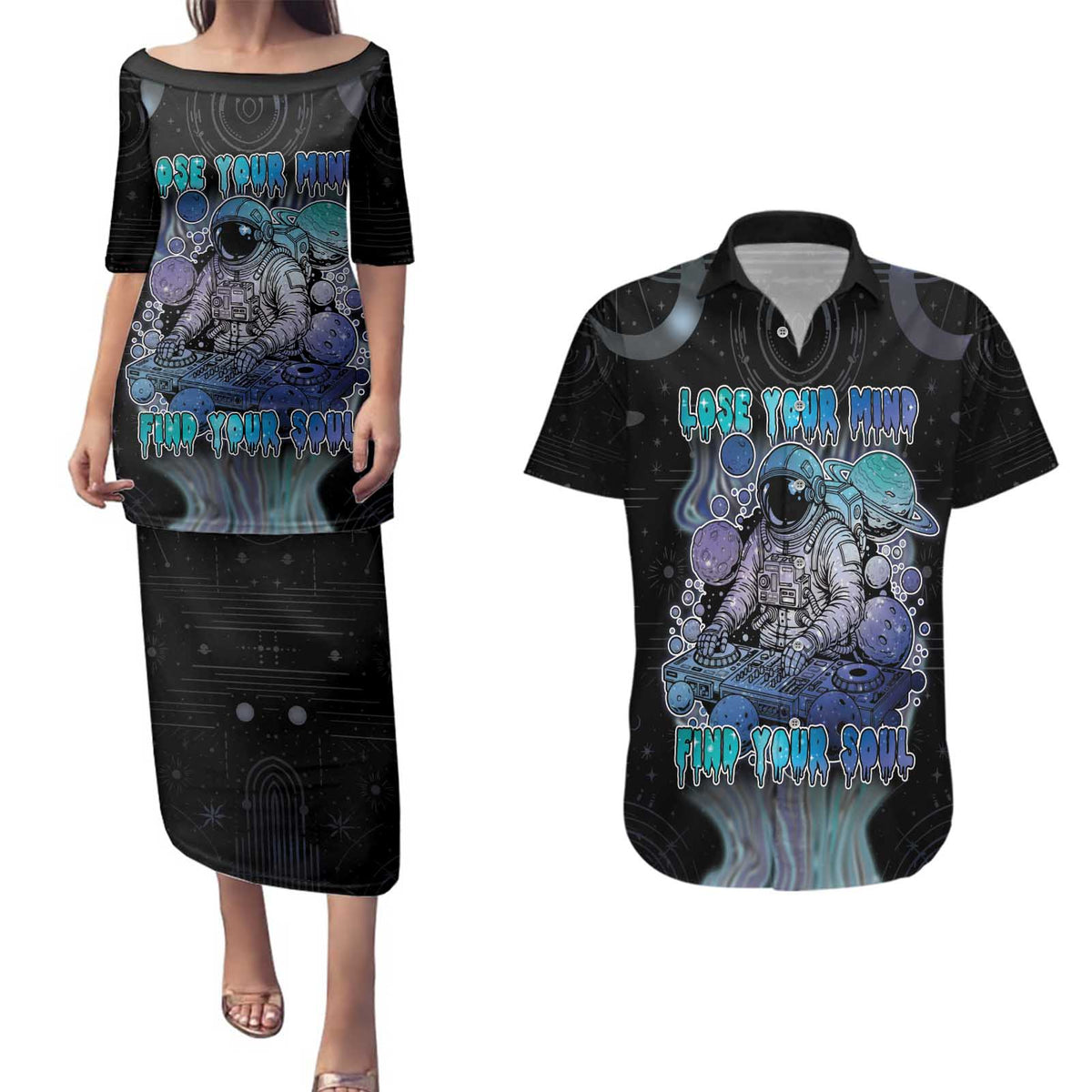 Astronaut Couples Matching Puletasi and Hawaiian Shirt Love Your Mind Find Your Soul - Wonder Print Shop