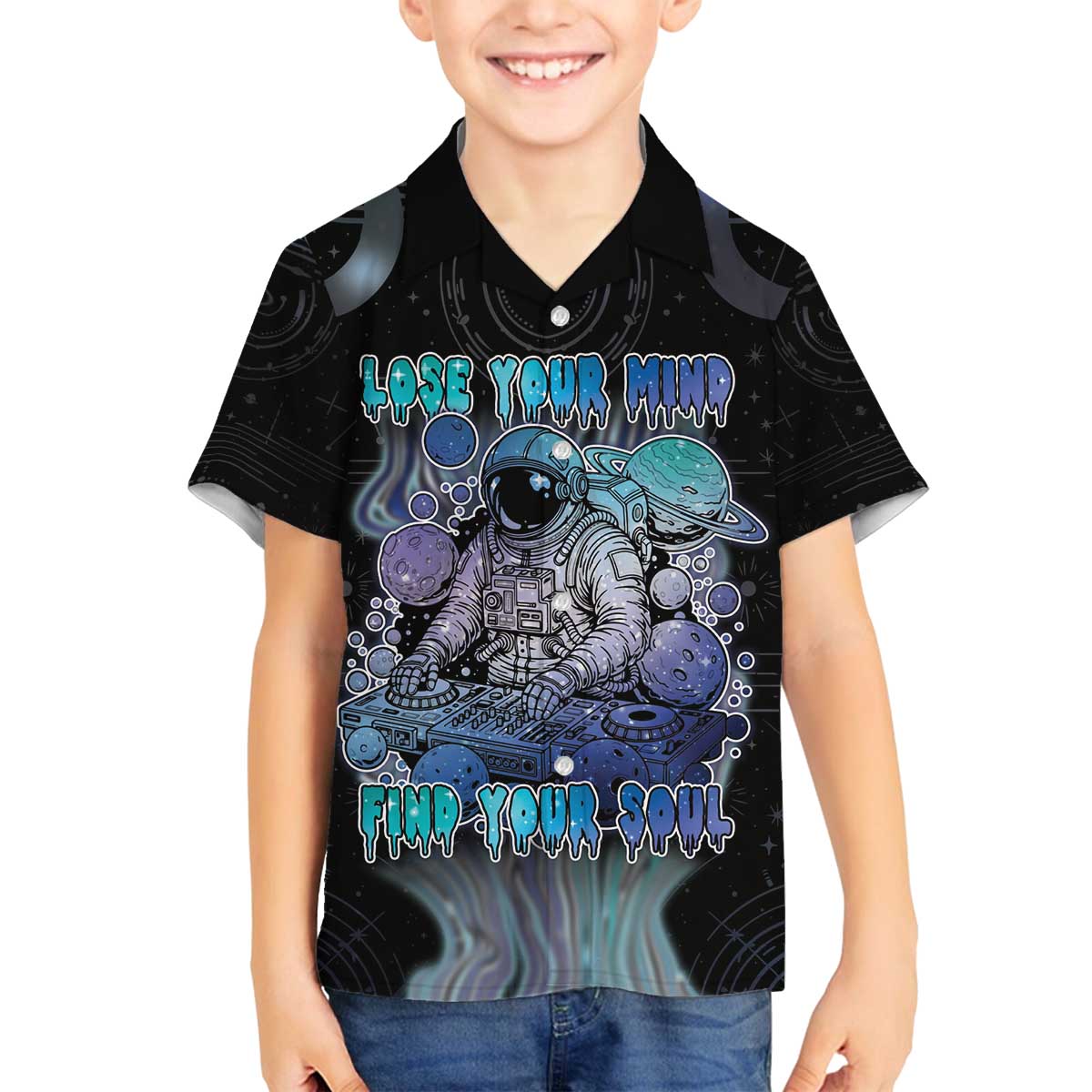 Astronaut Family Matching Off The Shoulder Long Sleeve Dress and Hawaiian Shirt Love Your Mind Find Your Soul - Wonder Print Shop