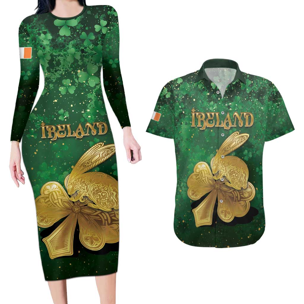 Personalized Ireland Couples Matching Long Sleeve Bodycon Dress and Hawaiian Shirt The Shamrock With The Irish Hare Patterns - Wonder Print Shop