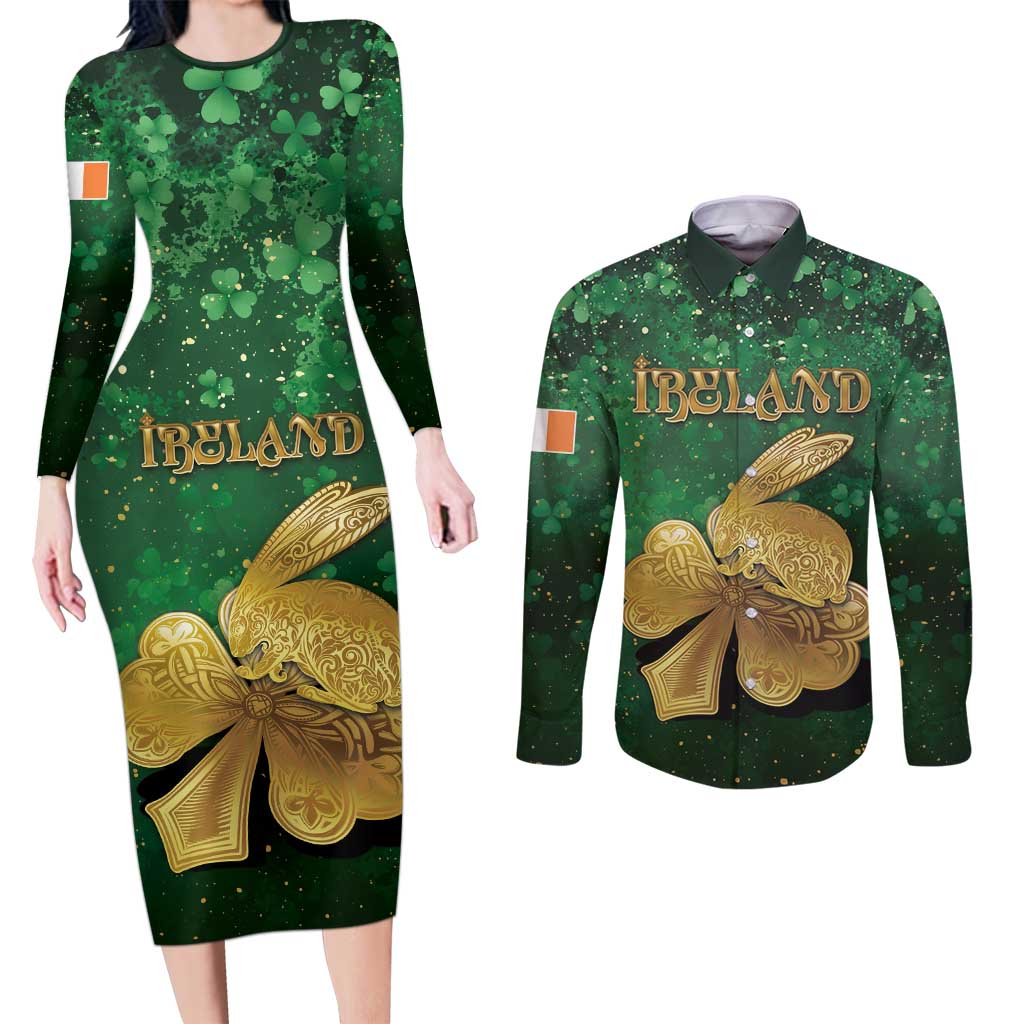 Personalized Ireland Couples Matching Long Sleeve Bodycon Dress and Long Sleeve Button Shirt The Shamrock With The Irish Hare Patterns - Wonder Print Shop