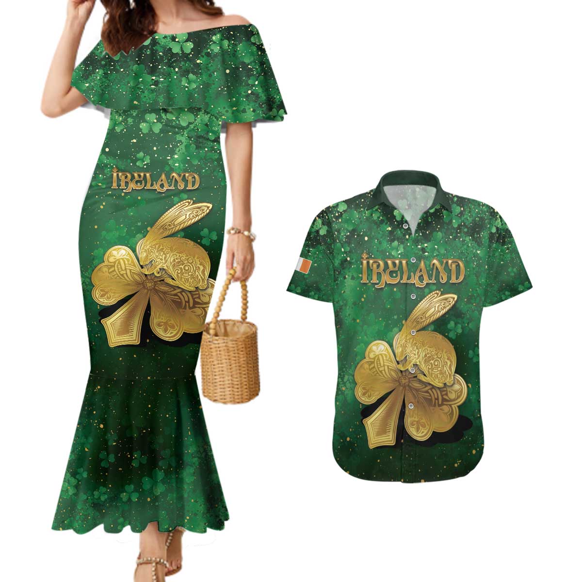 Personalized Ireland Couples Matching Mermaid Dress and Hawaiian Shirt The Shamrock With The Irish Hare Patterns - Wonder Print Shop