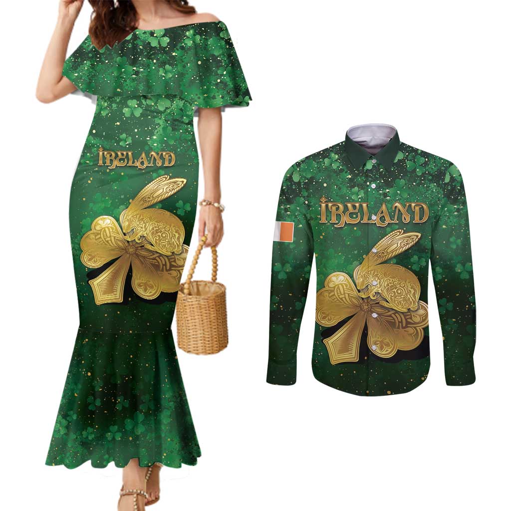 Personalized Ireland Couples Matching Mermaid Dress and Long Sleeve Button Shirt The Shamrock With The Irish Hare Patterns - Wonder Print Shop