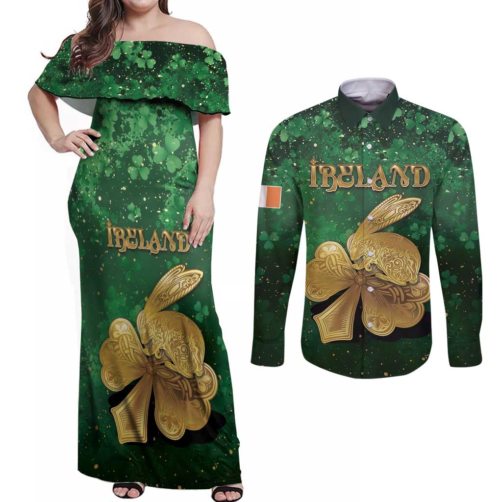 Personalized Ireland Couples Matching Off Shoulder Maxi Dress and Long Sleeve Button Shirt The Shamrock With The Irish Hare Patterns - Wonder Print Shop