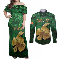 Personalized Ireland Couples Matching Off Shoulder Maxi Dress and Long Sleeve Button Shirt The Shamrock With The Irish Hare Patterns - Wonder Print Shop