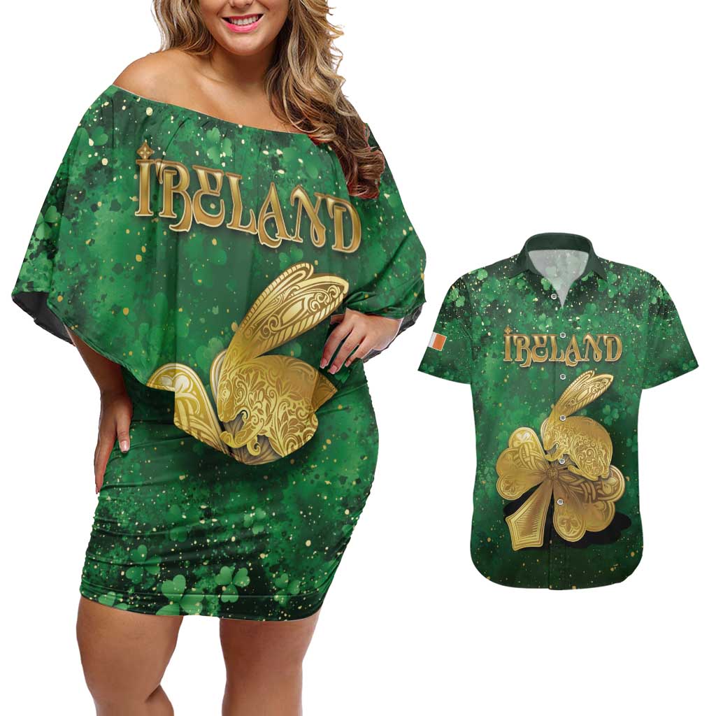Personalized Ireland Couples Matching Off Shoulder Short Dress and Hawaiian Shirt The Shamrock With The Irish Hare Patterns - Wonder Print Shop