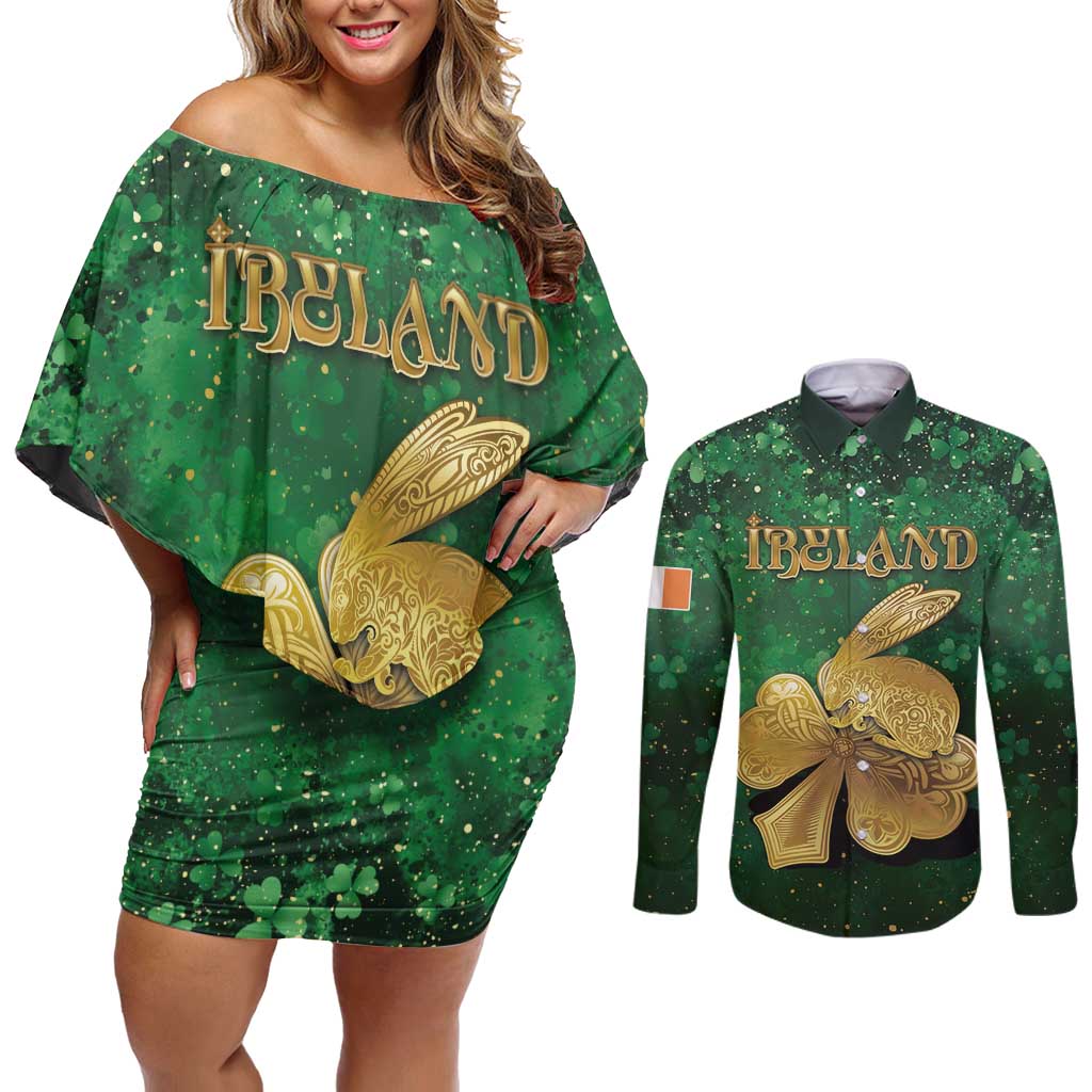 Personalized Ireland Couples Matching Off Shoulder Short Dress and Long Sleeve Button Shirt The Shamrock With The Irish Hare Patterns - Wonder Print Shop