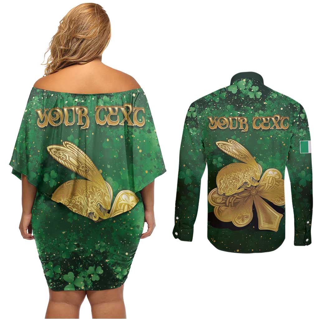 Personalized Ireland Couples Matching Off Shoulder Short Dress and Long Sleeve Button Shirt The Shamrock With The Irish Hare Patterns - Wonder Print Shop