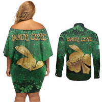 Personalized Ireland Couples Matching Off Shoulder Short Dress and Long Sleeve Button Shirt The Shamrock With The Irish Hare Patterns - Wonder Print Shop