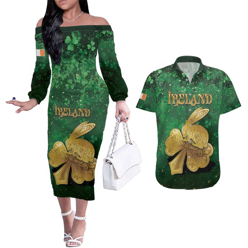 Personalized Ireland Couples Matching Off The Shoulder Long Sleeve Dress and Hawaiian Shirt The Shamrock With The Irish Hare Patterns - Wonder Print Shop