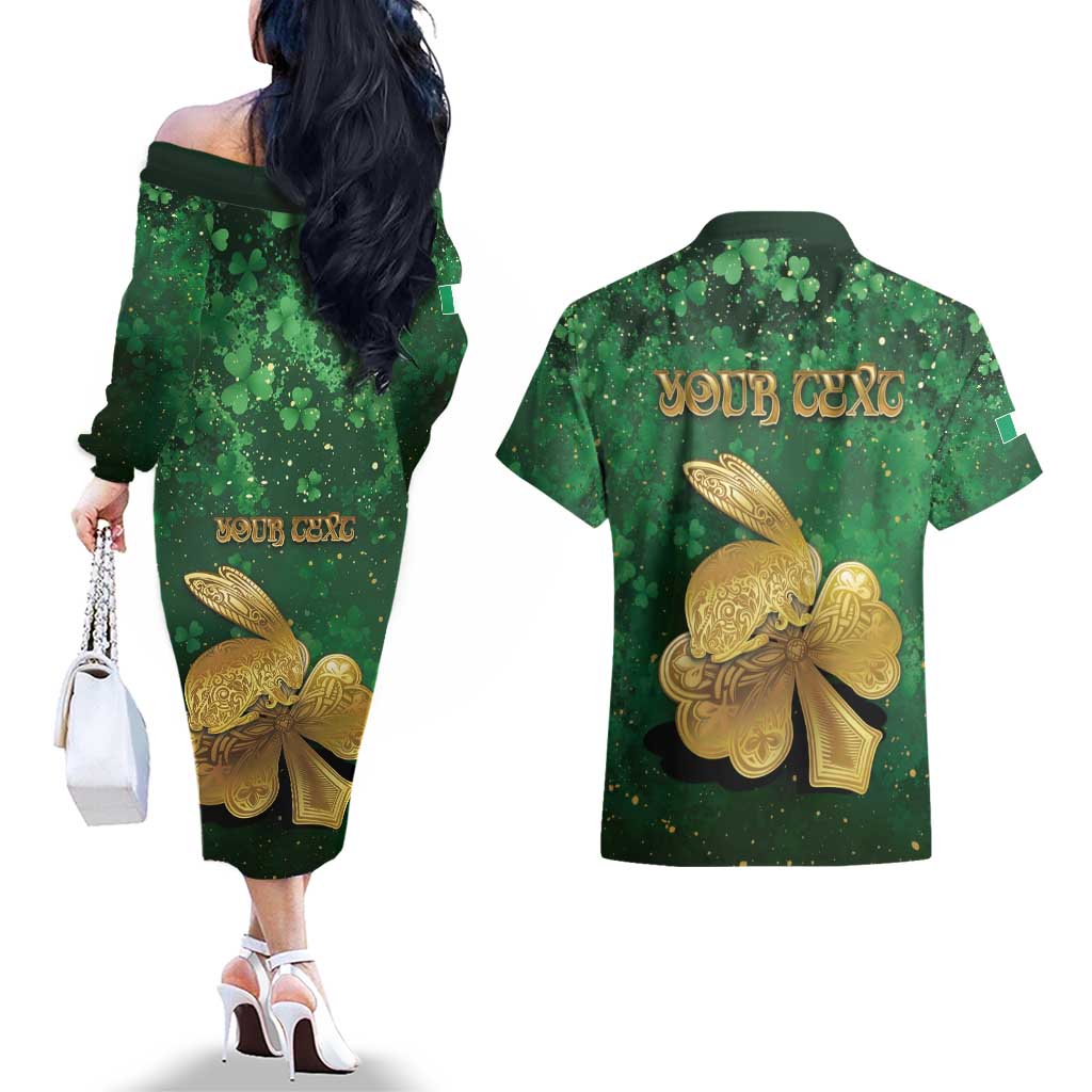 Personalized Ireland Couples Matching Off The Shoulder Long Sleeve Dress and Hawaiian Shirt The Shamrock With The Irish Hare Patterns - Wonder Print Shop