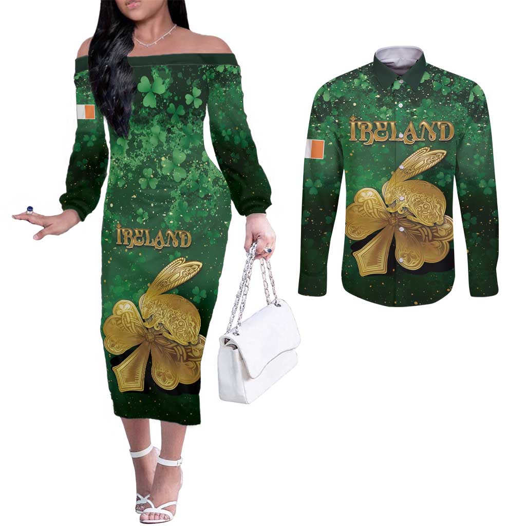 Personalized Ireland Couples Matching Off The Shoulder Long Sleeve Dress and Long Sleeve Button Shirt The Shamrock With The Irish Hare Patterns - Wonder Print Shop