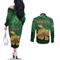 Personalized Ireland Couples Matching Off The Shoulder Long Sleeve Dress and Long Sleeve Button Shirt The Shamrock With The Irish Hare Patterns - Wonder Print Shop