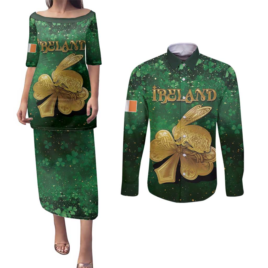 Personalized Ireland Couples Matching Puletasi and Long Sleeve Button Shirt The Shamrock With The Irish Hare Patterns - Wonder Print Shop