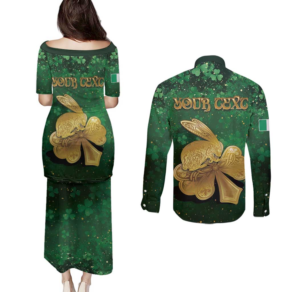 Personalized Ireland Couples Matching Puletasi and Long Sleeve Button Shirt The Shamrock With The Irish Hare Patterns - Wonder Print Shop