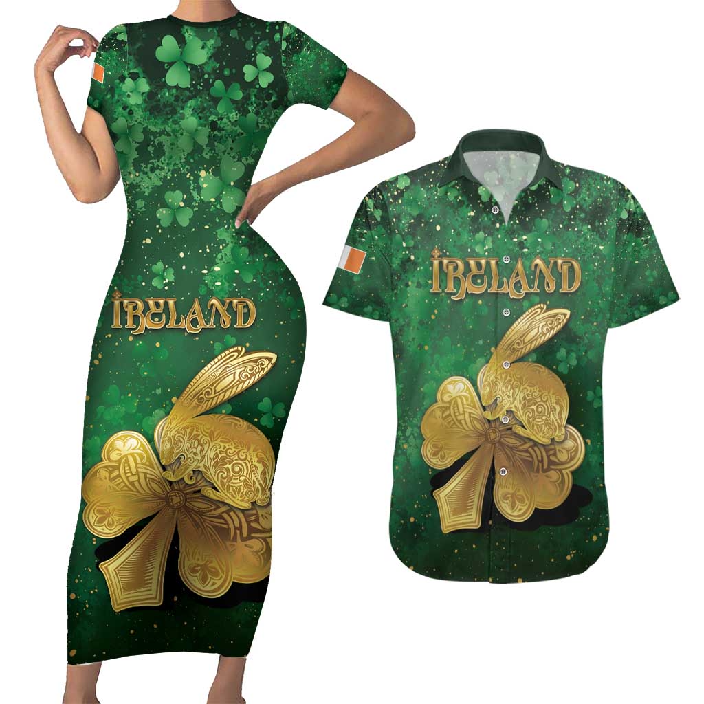 Personalized Ireland Couples Matching Short Sleeve Bodycon Dress and Hawaiian Shirt The Shamrock With The Irish Hare Patterns - Wonder Print Shop