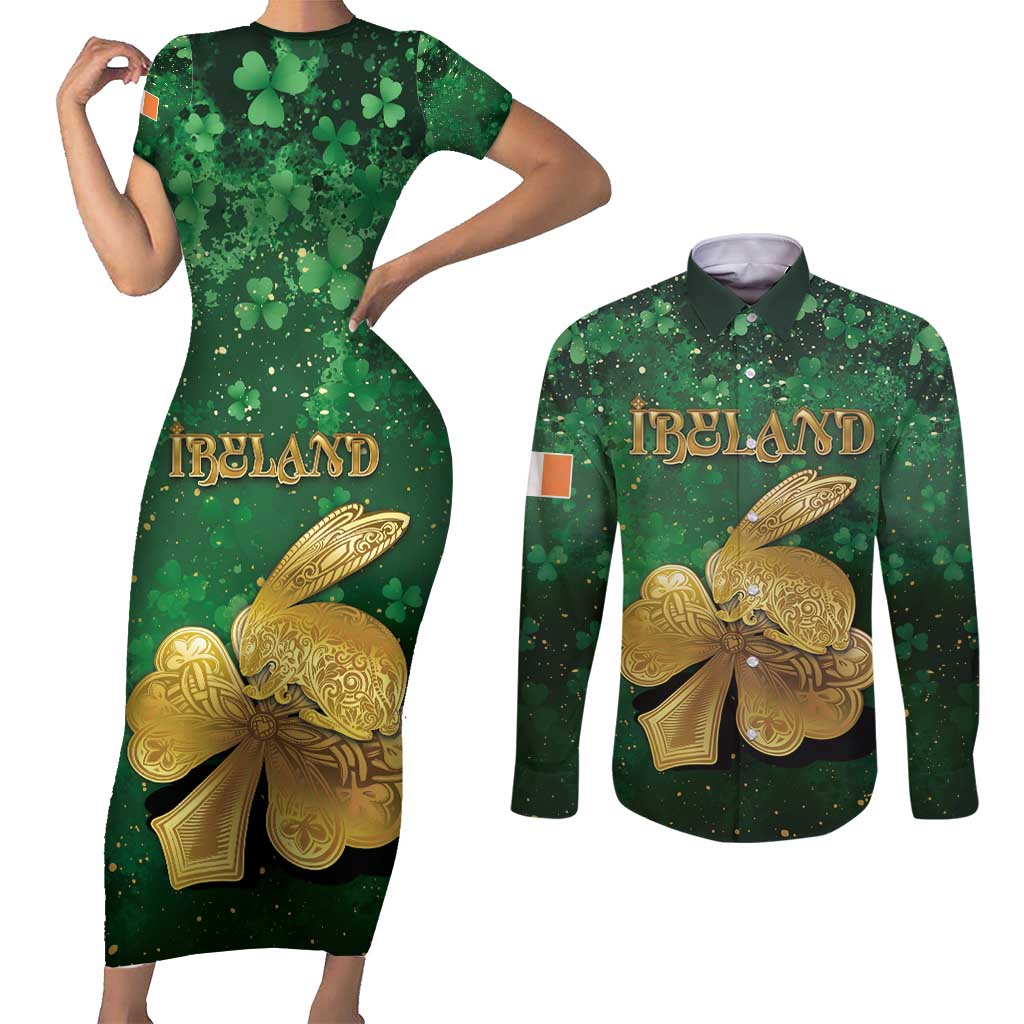 Personalized Ireland Couples Matching Short Sleeve Bodycon Dress and Long Sleeve Button Shirt The Shamrock With The Irish Hare Patterns - Wonder Print Shop