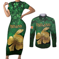 Personalized Ireland Couples Matching Short Sleeve Bodycon Dress and Long Sleeve Button Shirt The Shamrock With The Irish Hare Patterns - Wonder Print Shop