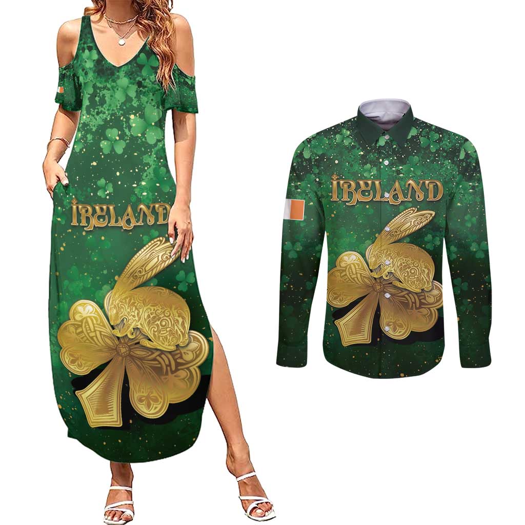 Personalized Ireland Couples Matching Summer Maxi Dress and Long Sleeve Button Shirt The Shamrock With The Irish Hare Patterns - Wonder Print Shop