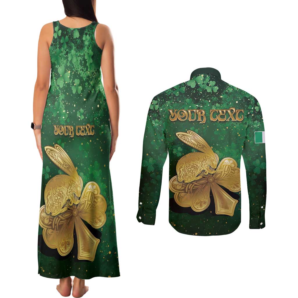Personalized Ireland Couples Matching Tank Maxi Dress and Long Sleeve Button Shirt The Shamrock With The Irish Hare Patterns - Wonder Print Shop