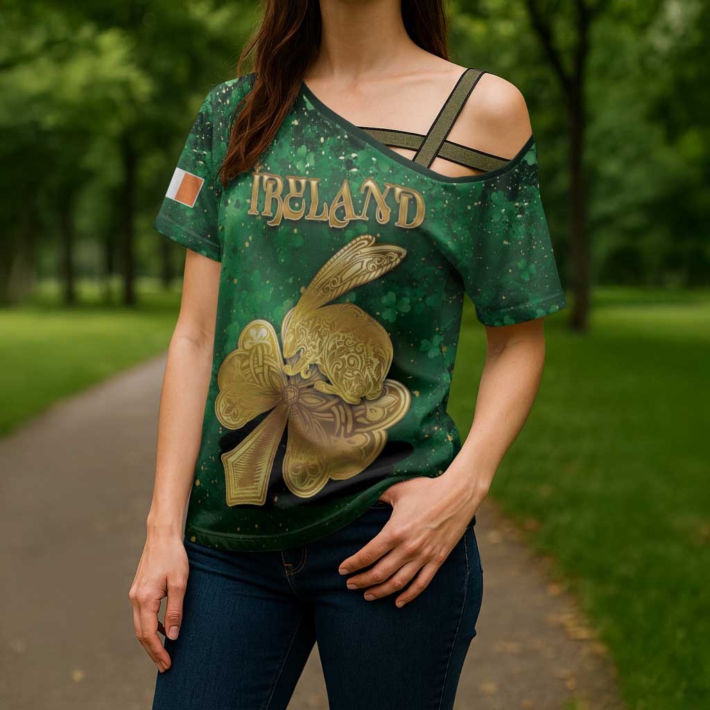 Personalized Ireland Cross Shoulder Shirt The Shamrock With The Irish Hare Patterns - Wonder Print Shop