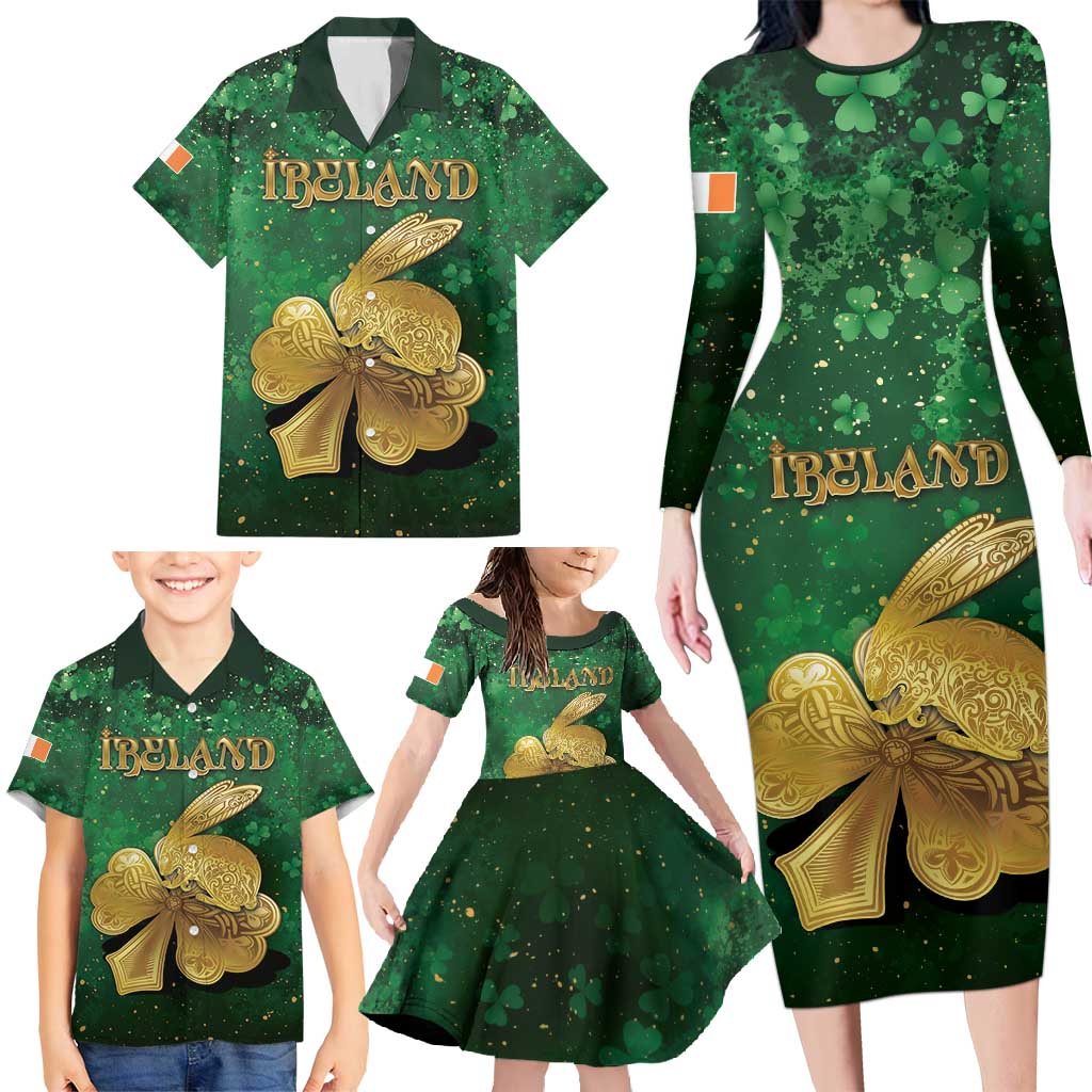 Personalized Ireland Family Matching Long Sleeve Bodycon Dress and Hawaiian Shirt The Shamrock With The Irish Hare Patterns - Wonder Print Shop