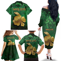 Personalized Ireland Family Matching Off The Shoulder Long Sleeve Dress and Hawaiian Shirt The Shamrock With The Irish Hare Patterns - Wonder Print Shop