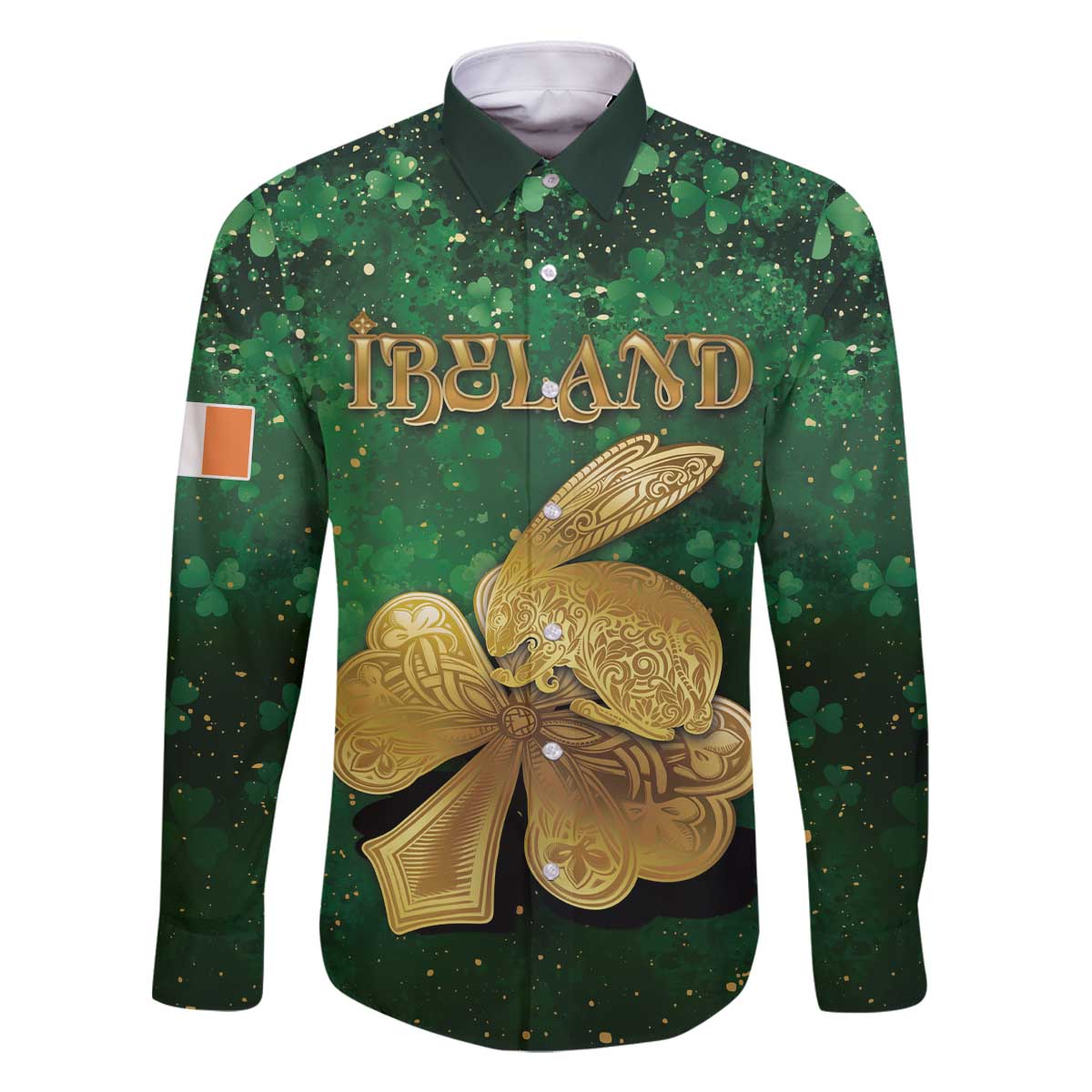 Personalized Ireland Family Matching Off The Shoulder Long Sleeve Dress and Hawaiian Shirt The Shamrock With The Irish Hare Patterns - Wonder Print Shop